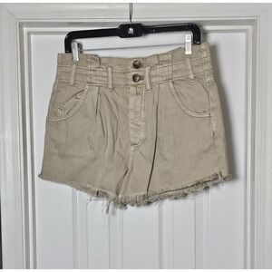 Free People We The Free‎ Pleated Denim Shorts Size Small Beige Raw Hem Stretch